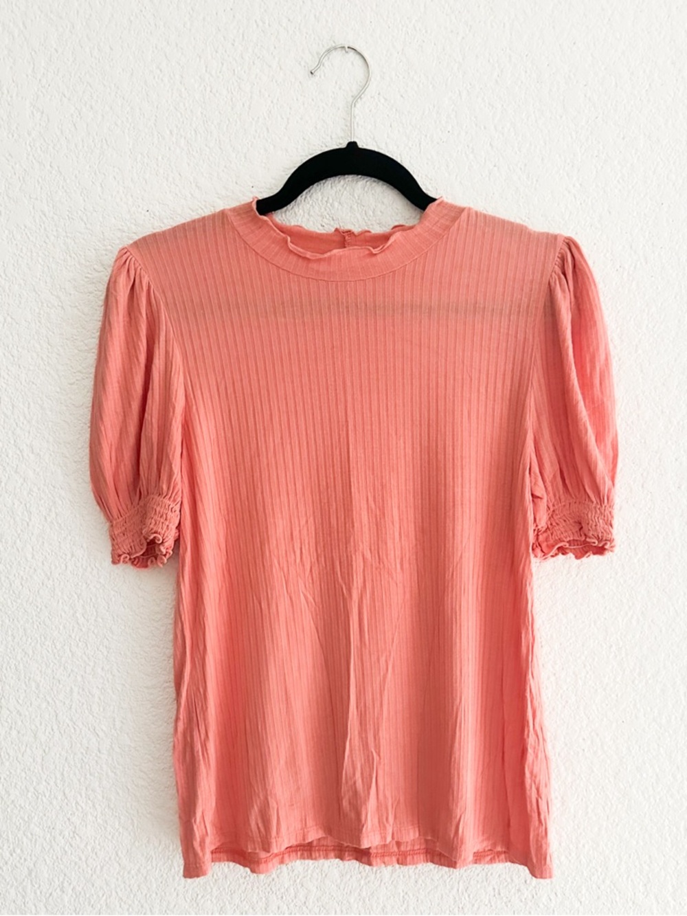 Soft Coral Ribbed Short Sleeve Tee with Lace-Trim Sleeves